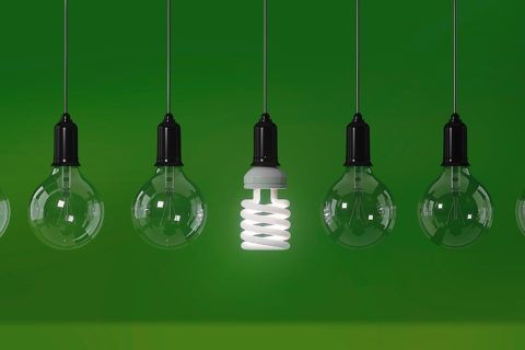 Energy Saving Light Bulb Standing Out From The Crowd Over Green Background: Energy Efficiency and Standing Out From The Crowd Concept